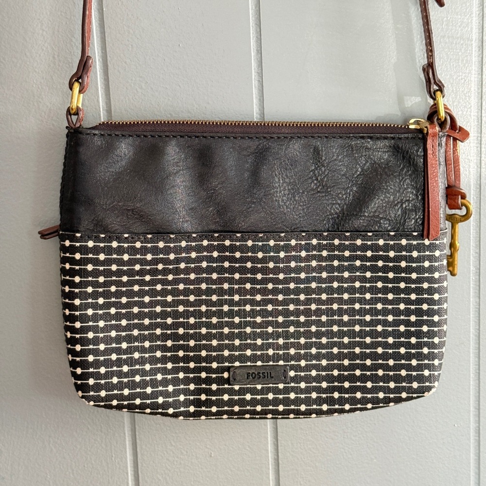 Fossil Small Crossbody Bag Black Ivory Dot Fiona Faux Leather Key Charm Purse